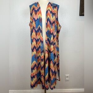 LuLaRoe Joy Sleeveless Long Vest Geometric Print Orange Blue Multicolo Sz XL